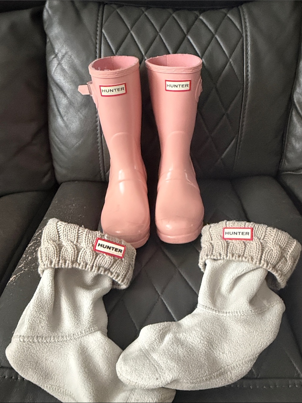 Hunter Women’s Pink Rain Boots with Gray Fleece Liners